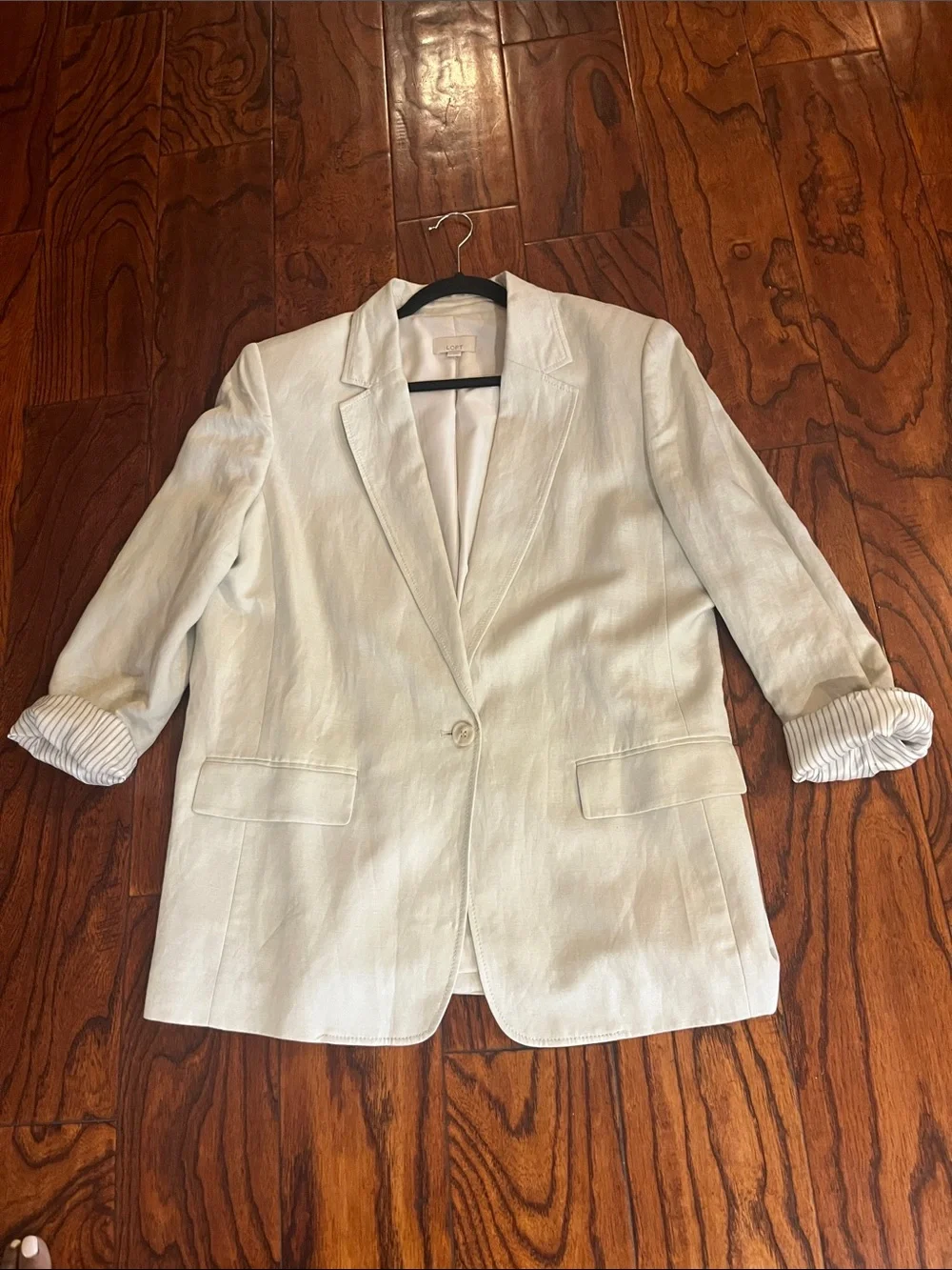 LOFT Linen Cream Single-Button Blazer with Striped Cuff Lining